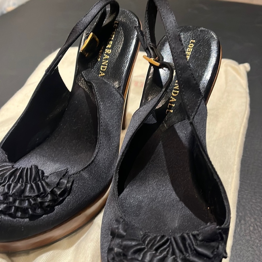 Loeffler Randall Made in Italy Slingback Black Satin and Wooden Heels